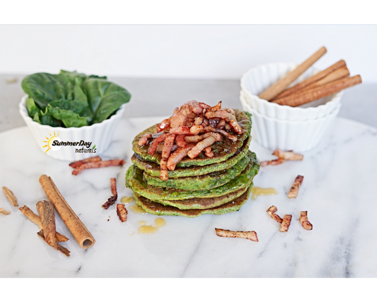 Spinach Pancakes With Cinnamon-Bacon Topping