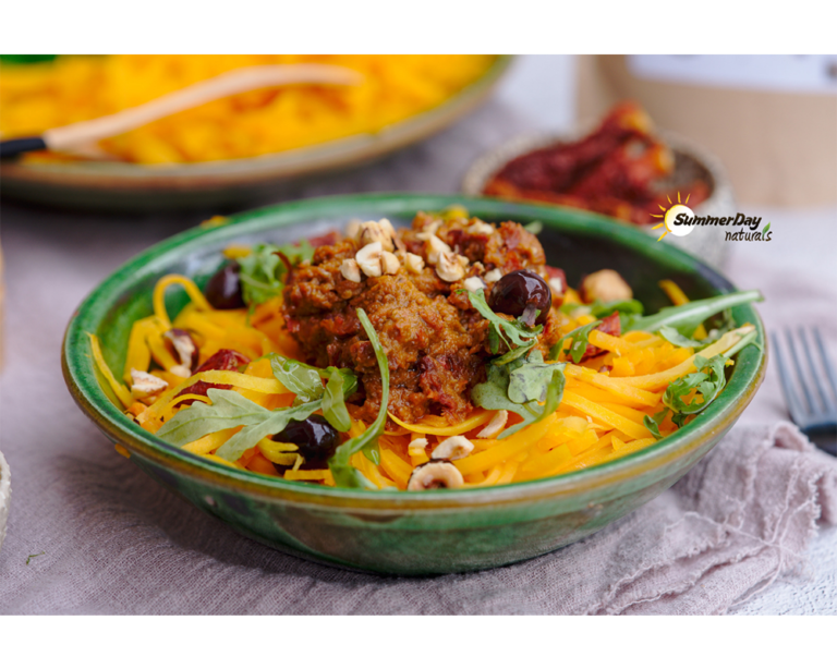 Vegan Pumpkin Spaghetti with Sun Dried Tomato Pesto